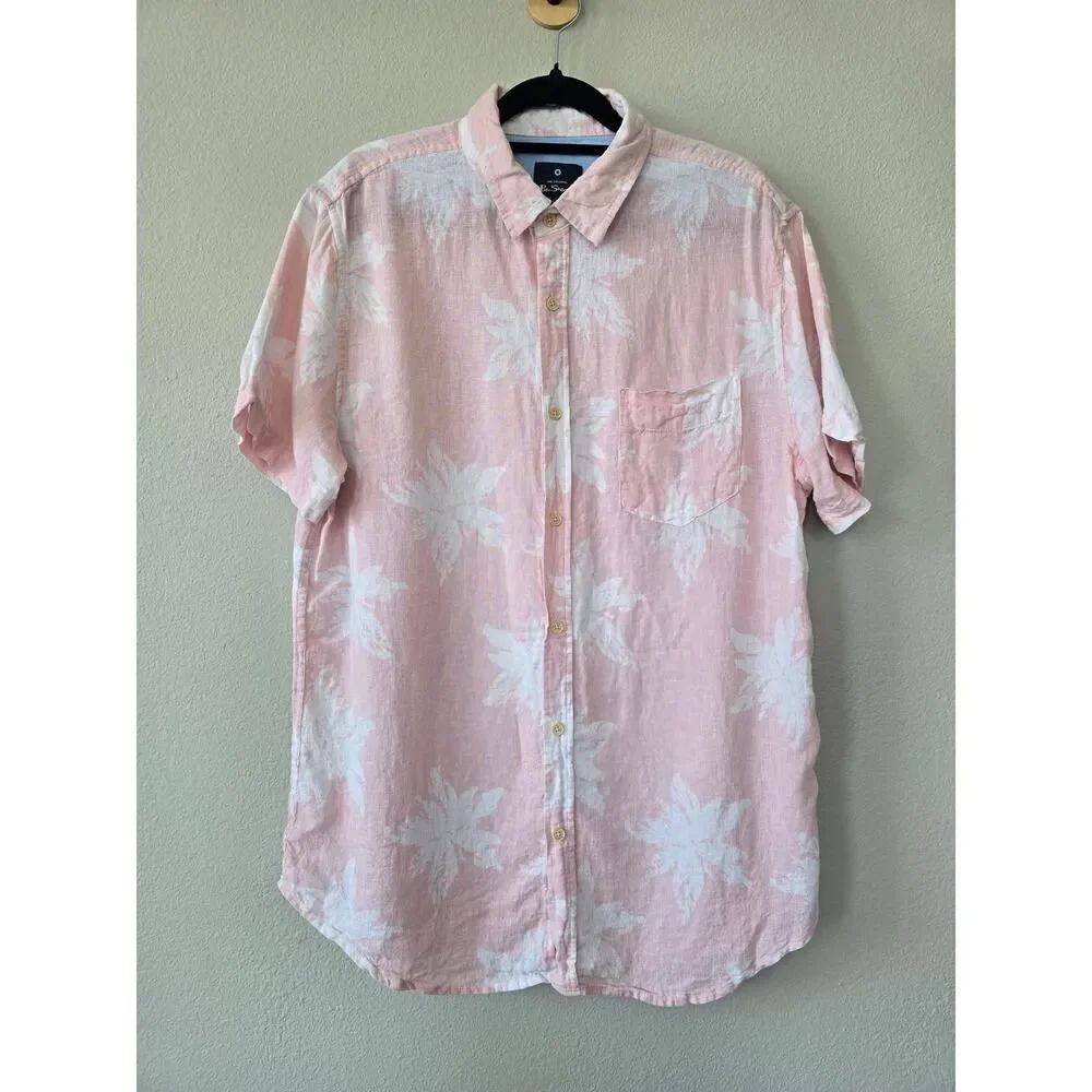 Ben Sherman Linen Rayon Shirt L Pink White Tropical Button Down Men's Summer